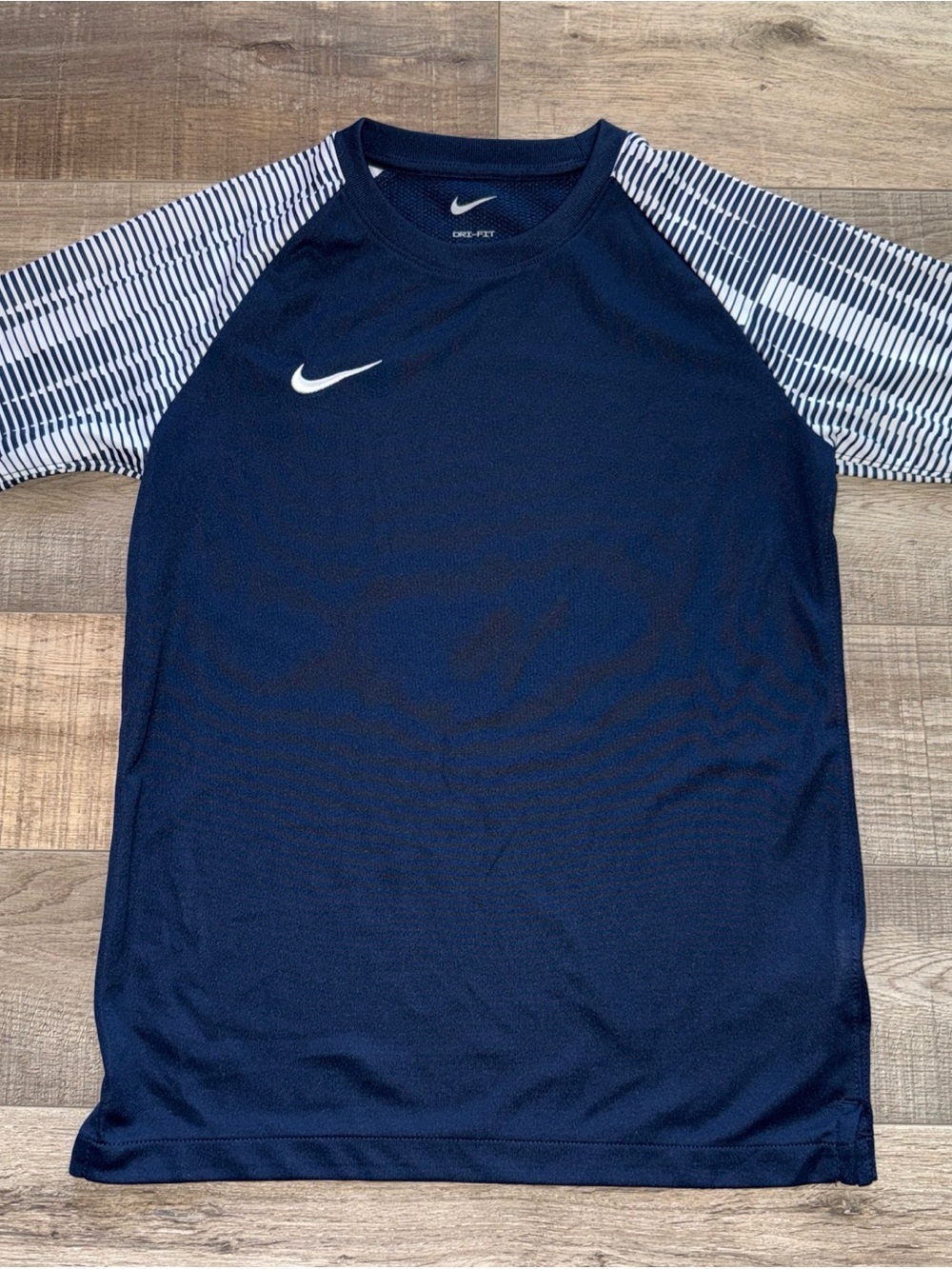 Nike youth boys Navy Dri-FIT Athletic Shirt with Striped Sleeves